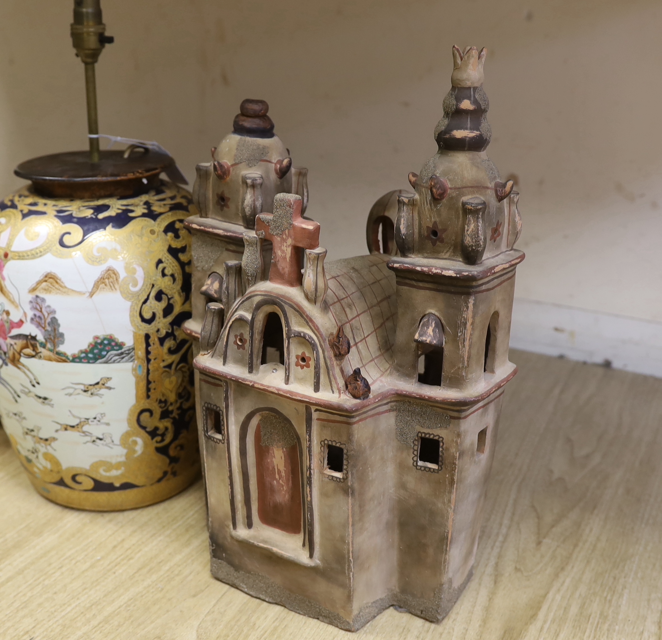 A large pottery cream ground jardiniere, Chinese lamp and architectural pottery lantern / night light, Chinese lamp 23cm high not including fitting